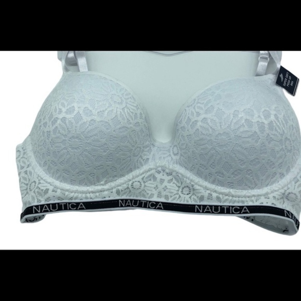 Nautica Womens White‎ Floral Lace Super Soft Push Up Bra Logo Band